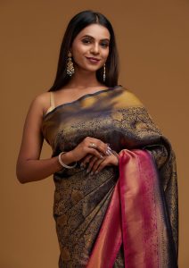 Navy Blue Silk Jaal Gold Zariwork Saree With Matching Blouse Piece