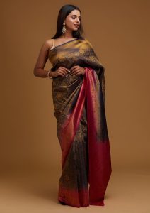 Navy Blue Silk Jaal Gold Zariwork Saree With Matching Blouse Piece
