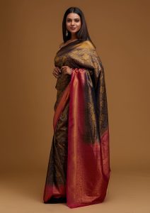 Navy Blue Silk Jaal Gold Zariwork Saree With Matching Blouse Piece