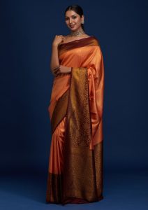 Peach Zari Work Banarasi Saree