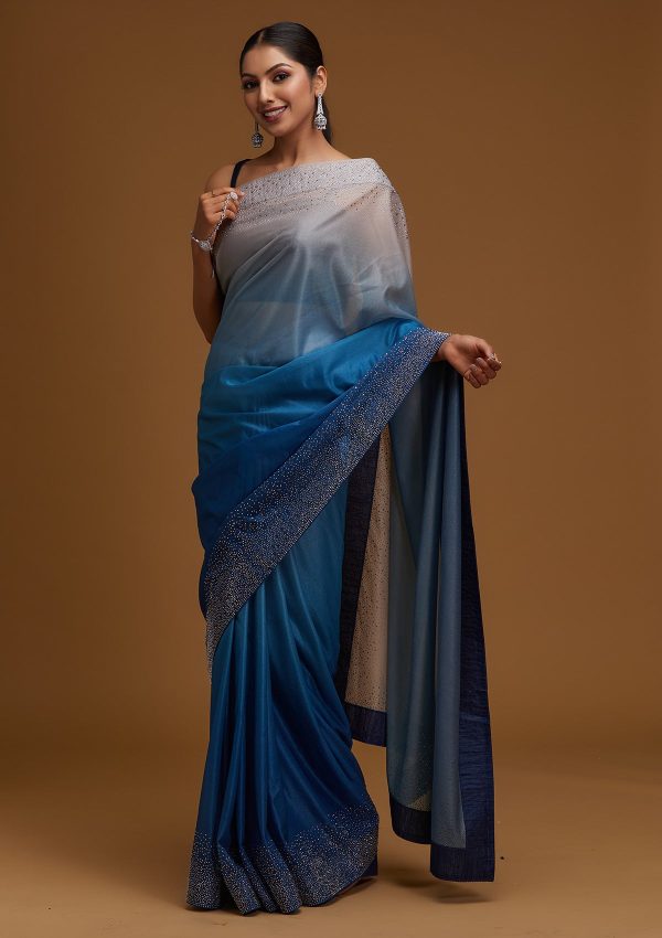 Peacock Blue Crepe Silver Stonework Saree With Matching Blouse Piece