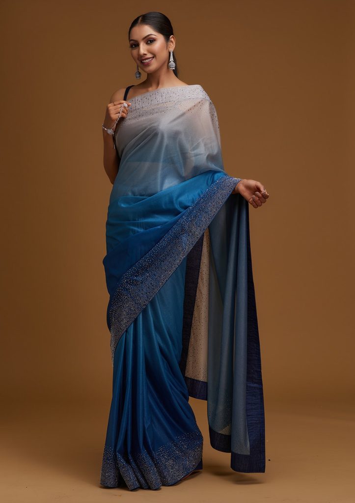 Peacock Blue Crepe Silver Stonework Saree With Matching Blouse Piece