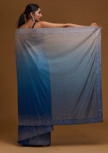 Peacock Blue Crepe Silver Stonework Saree With Matching Blouse Piece