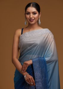 Peacock Blue Crepe Silver Stonework Saree With Matching Blouse Piece