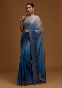 Peacock Blue Crepe Silver Stonework Saree With Matching Blouse Piece
