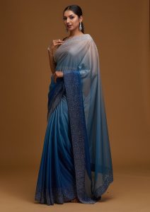 Peacock Blue Crepe Silver Stonework Saree With Matching Blouse Piece