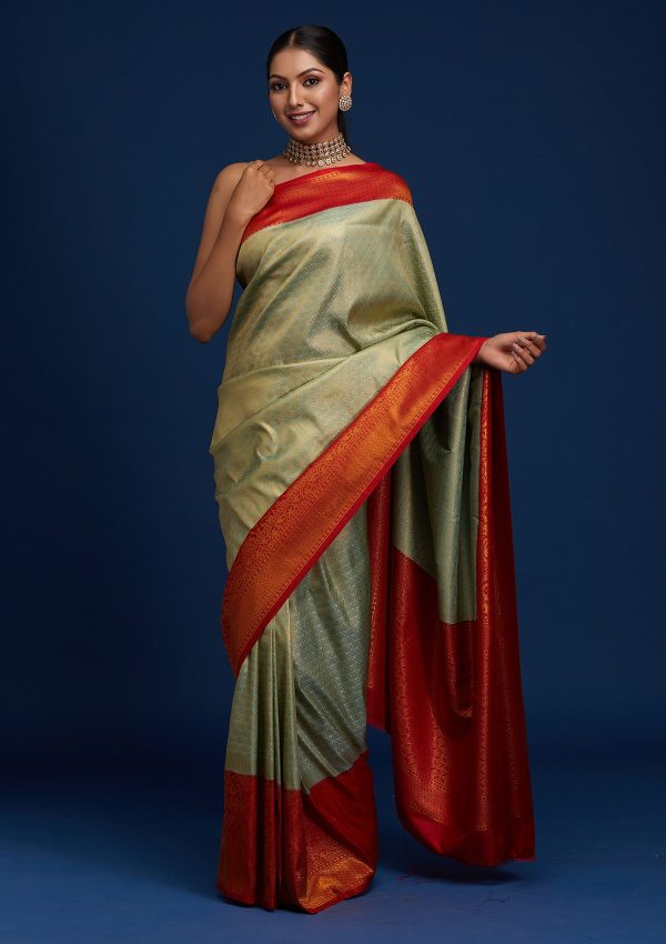 Pista Green Zari Work Banarasi Saree