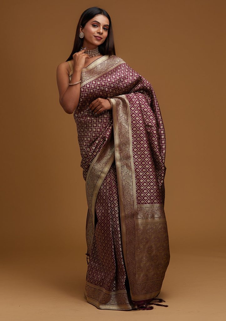 Wine Zari Work Banarasi Saree