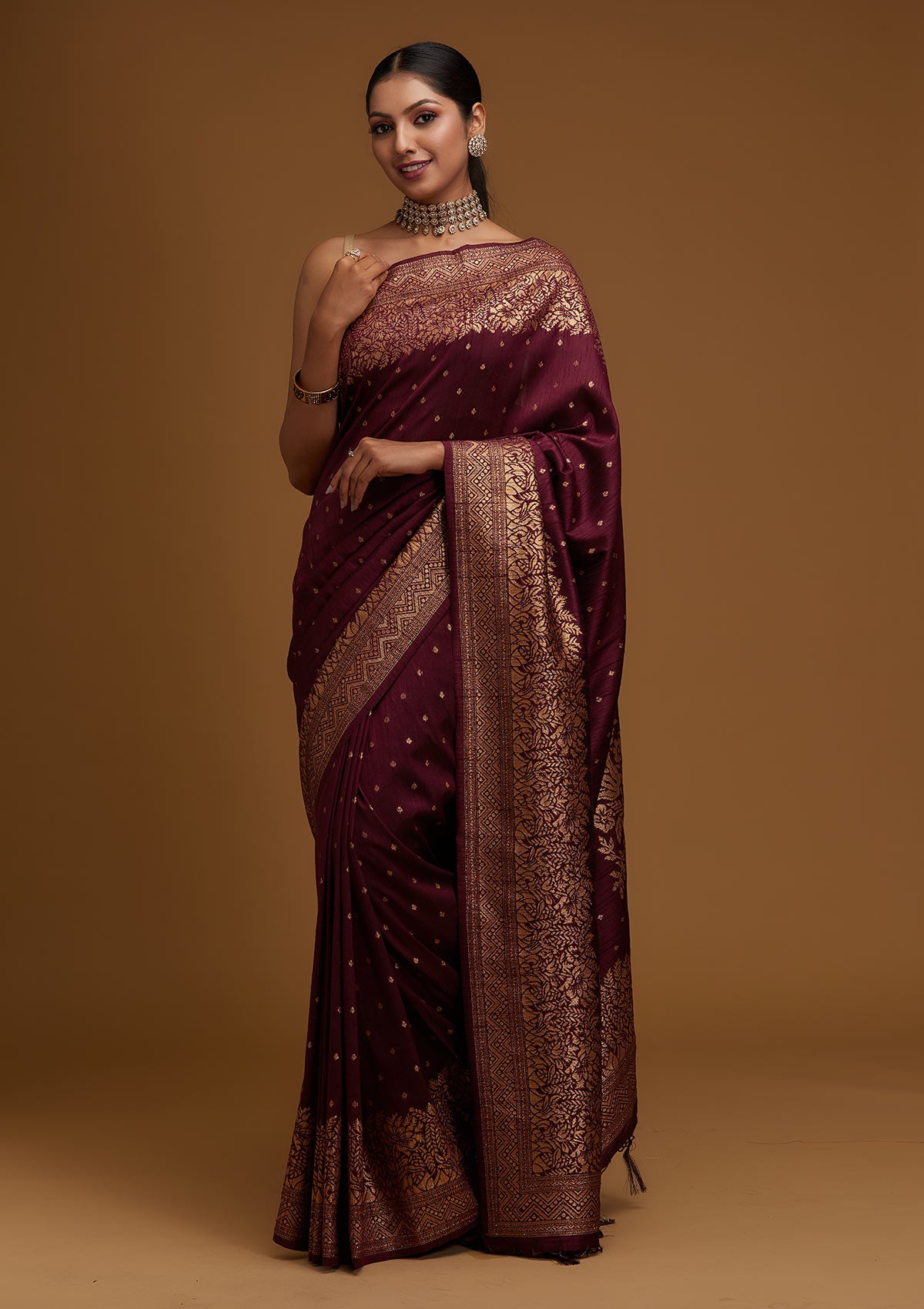 Wine Zari Work Banarasi Saree